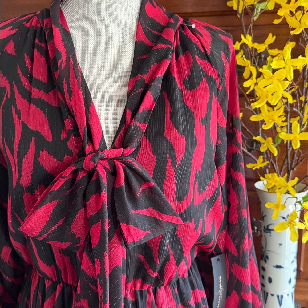 Donna Karan Women’s Chiffon Shirt Midi Red Multi Print Dress Size 12 NWT